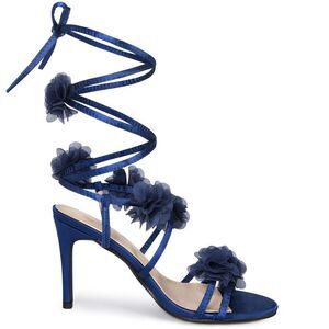 Floral Heels Lace Up Satin Stiletto Heels Sandals Navy Blue
